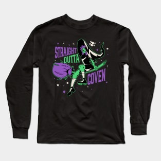 Straight Outta Coven // Funny Halloween Witch on Broomstick Long Sleeve T-Shirt